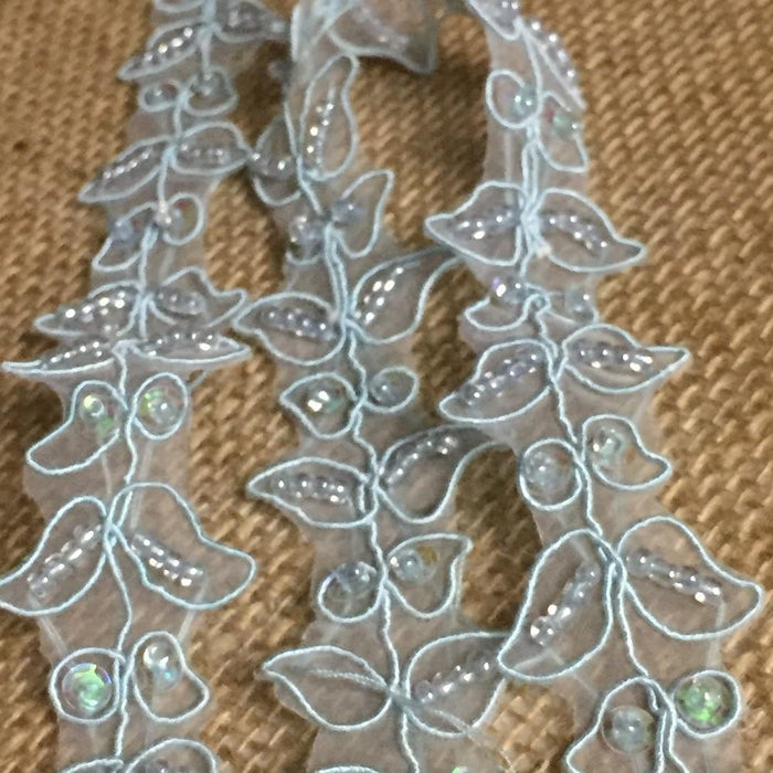 Beaded Trim Lace Embroidered Corded Sequined Hand Beaded Organza Simple Gorgeous Double Border Floral Leaf Design, 1.25" Wide, Choose Color