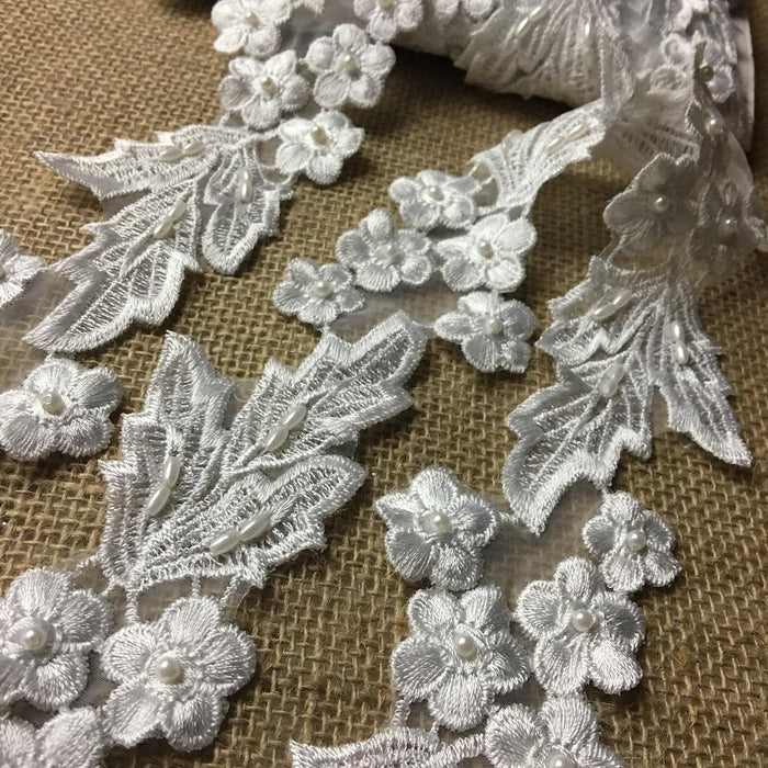 Lace Trim Beaded Embroidered Floral Design Organza Ground, 2.25" Wide, White, Trim by the Yard for Garments Bridal Crafts Veils Dresses Costumes