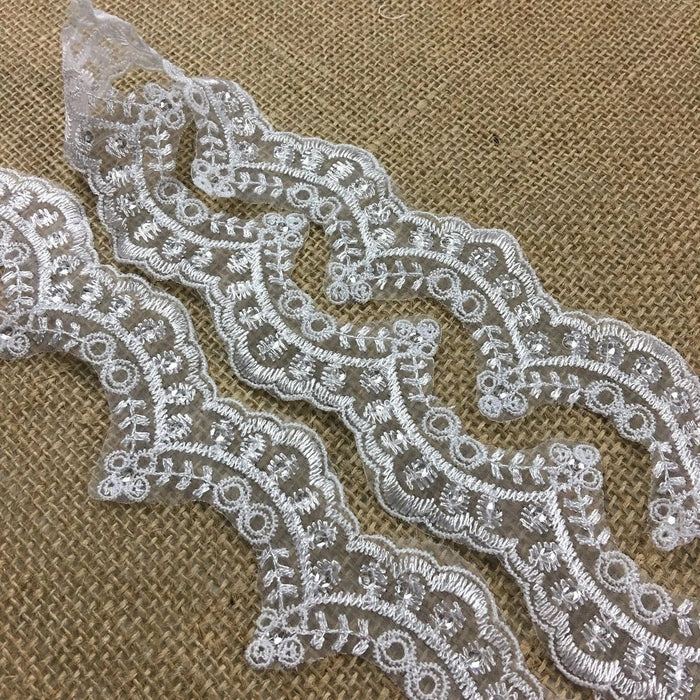 Communion Christening Lace Trim Embroidered clear sequins Scallops Organza Ground, 2" Wide, White, Beautiful Multi-Use Garments Gowns Veils Bridal