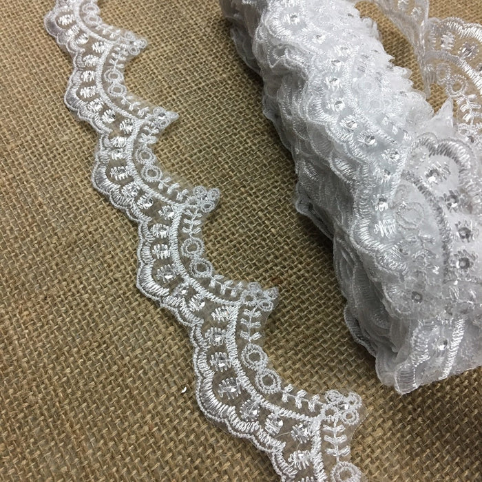 Communion Christening Lace Trim Embroidered clear sequins Scallops Organza Ground, 2" Wide, White, Beautiful Multi-Use Garments Gowns Veils Bridal
