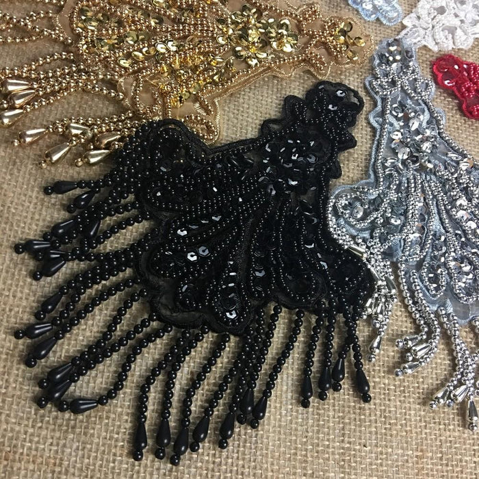 Beaded Applique Piece Lace Hanging Beads Strings Fringe Dangling Quality Rich, 8"x6", Choose Color, Multi-Use Garments Dance Theater Costumes