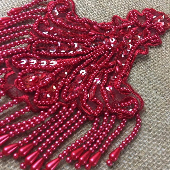 Beaded Applique Piece Lace Hanging Beads Strings Fringe Dangling Quality Rich, 8"x6", Choose Color, Multi-Use Garments Dance Theater Costumes
