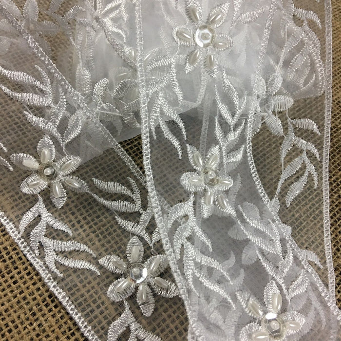 Beaded Lace Trim Embroidered Sequined Hand Beaded Double straight edge Organza Ground, 2" Wide, White, Multi-use Bridal Veils Communion Christening Baptism