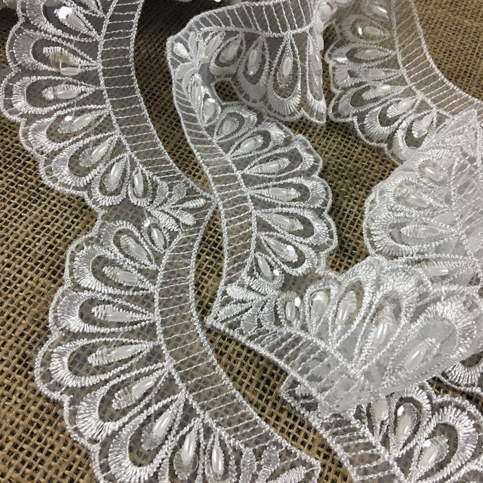 Scalloped Beaded Lace Trim Embroidered Hand Beaded Sequined Organza Ground, 3" Wide, White, Multi-use Bridal Veils Communion Christening Baptism