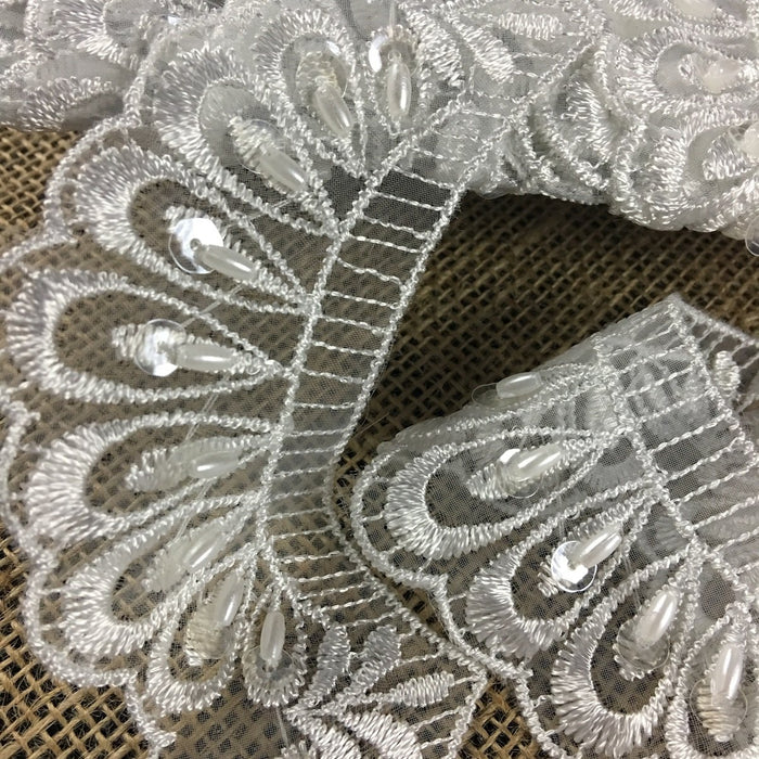 Scalloped Beaded Lace Trim Embroidered Hand Beaded Sequined Organza Ground, 3" Wide, White, Bridal Veils Communion Christening Baptism ⭐