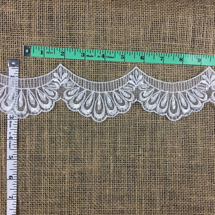 Scalloped Beaded Lace Trim Embroidered Hand Beaded Sequined Organza Ground, 3" Wide, White, Multi-use Bridal Veils Communion Christening Baptism