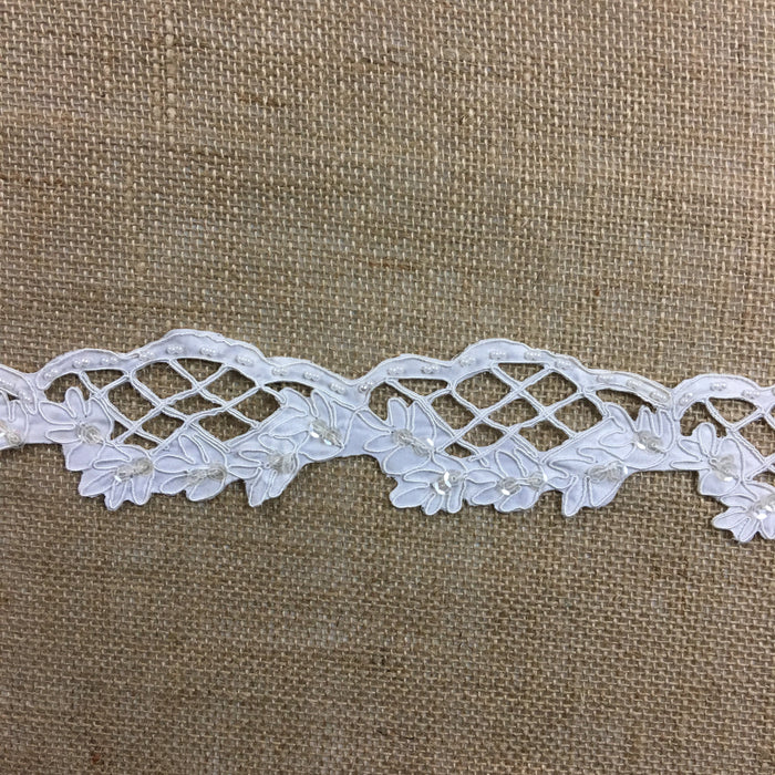 Bridal Trim Lace Corded Hand Beaded Hand Cut Satin Sequined Scalloped, 2.25" Wide, White. Multi-Use Veils Garments Bridal Communion Christening Costumes