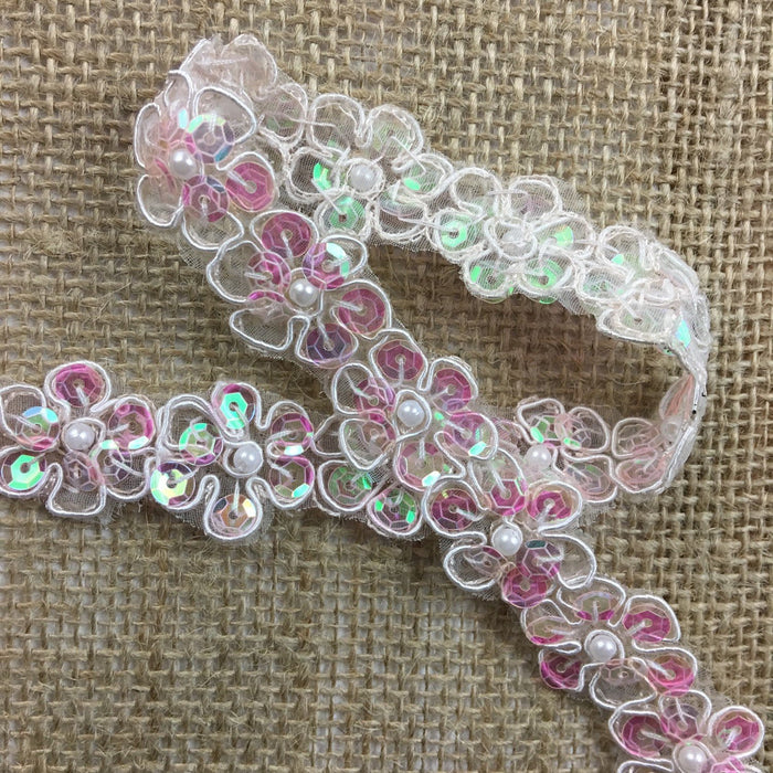 Trim Lace Sequined Beaded Corded Bling Daisy Flowers by the Yard, 1" Wide, Choose Color. Multi-Use Garments Veils Decoration Costumes Scrapbooks