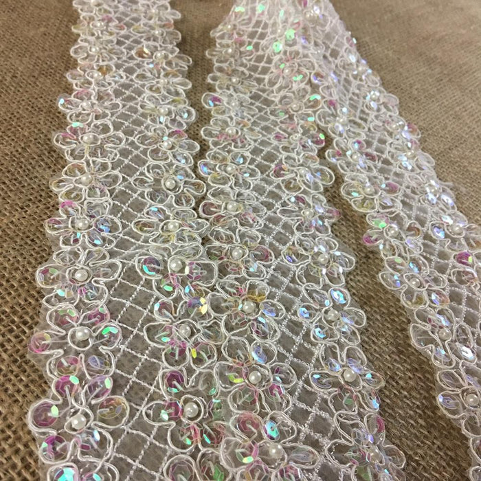Trim Lace Sequined Beaded Corded Bling Daisy Flowers by the Yard, 2" Wide, Choose Color. Multi-Use Garments Veils Decoration Costumes Scrapbooks