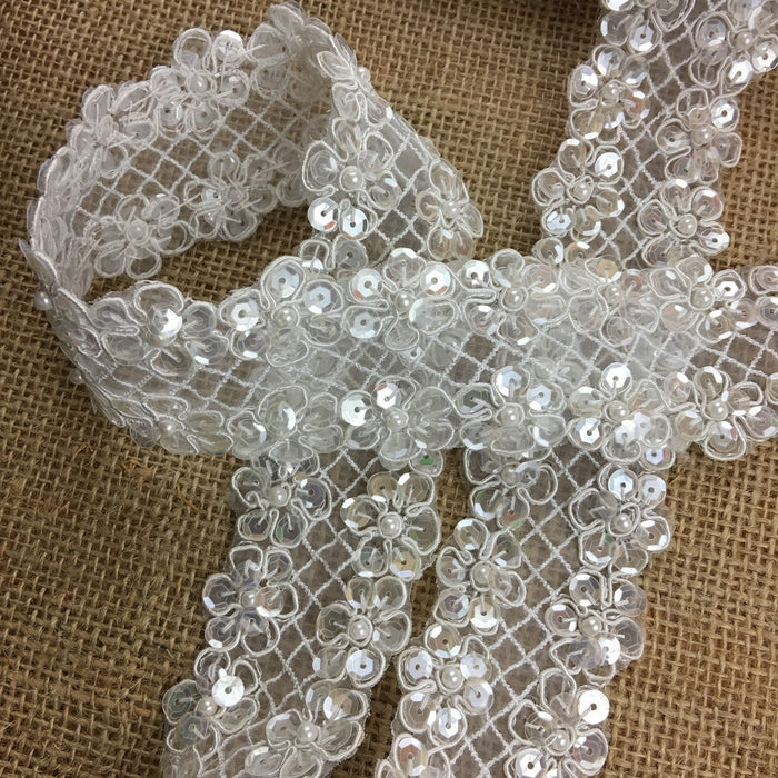 Trim Lace Sequined Beaded Corded Bling Daisy Flowers by the Yard, 2" Wide, Choose Color. Multi-Use Garments Veils Decoration Costumes Scrapbooks