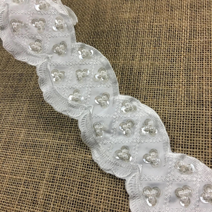 Scalloped Beaded Lace Trim Embroidered Hand Beaded Sequined Satin Ground, 3" Wide, White, Multi-use Garments Bridal Veil Communion Christening Baptism