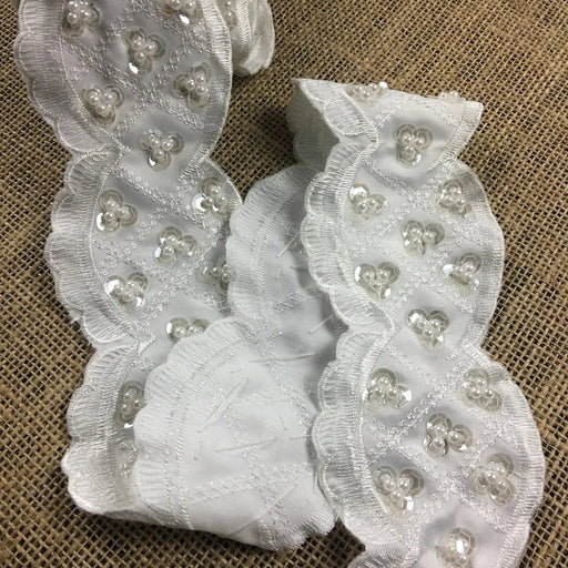 Scalloped Beaded Lace Trim Embroidered Hand Beaded Sequined Satin Ground, 3" Wide, White, Multi-use Garments Bridal Veil Communion Christening Baptism