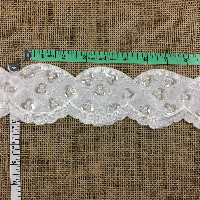 Scalloped Beaded Lace Trim Embroidered Hand Beaded Sequined Satin Ground, 3" Wide, White, Garments Bridal Veil Communion Christening Baptism ⭐
