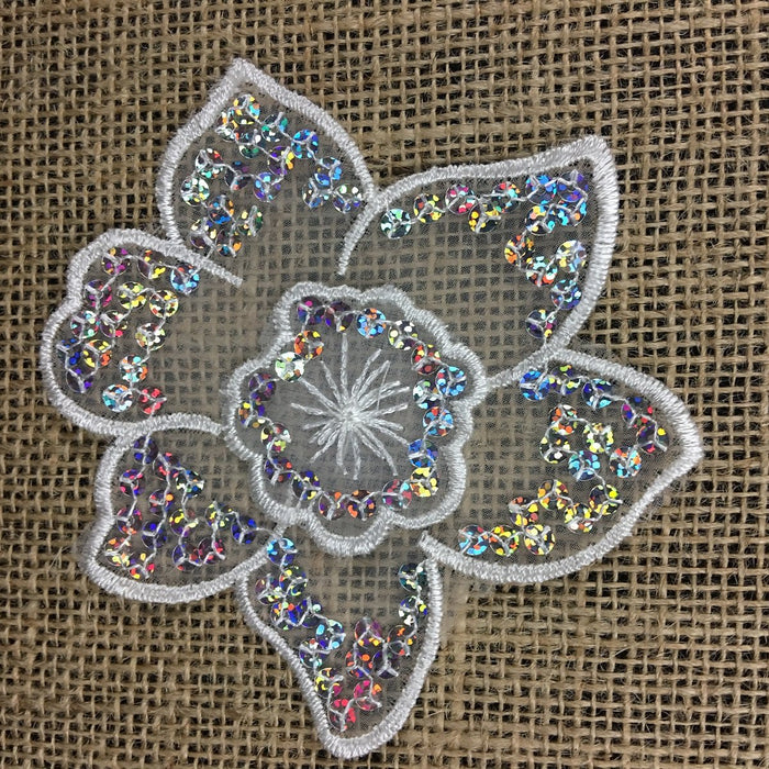 Applique Piece Lace Hologram Laser Sequins Layered Lotus Flower, 4"x4", White, Multi-Use Garments Dance Theater Costumes Tops DIY Sewing Decoration