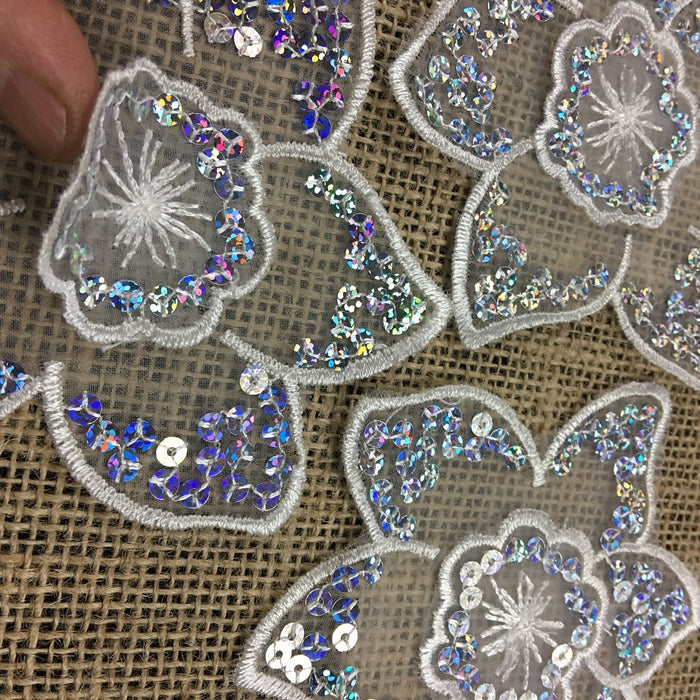 Applique Piece Lace Hologram Laser Sequins Layered Lotus Flower, 4"x4", White, Multi-Use Garments Dance Theater Costumes Tops DIY Sewing Decoration