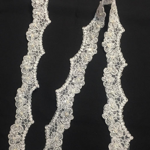 Bridal Lace Trim Scalloped Alencon Hand Beaded Embroidered Corded Sequined Organza, 2" Wide, White. Multi-Use Veil Communion Christening Garment Costume