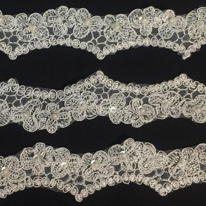 Bridal Lace Trim Scalloped Alencon Hand Beaded Embroidered Corded Sequined Organza, 2" Wide, White. Multi-Use Veil Communion Christening Garment Costume
