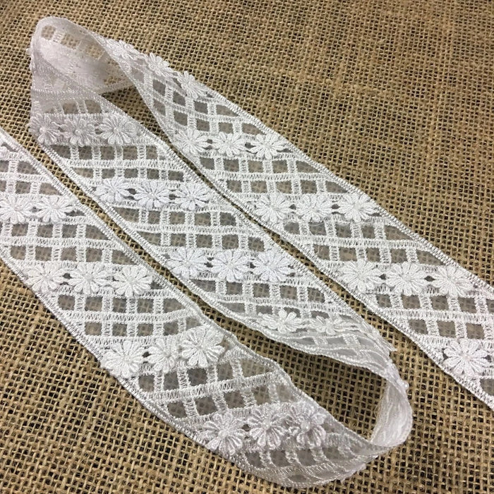 Beaded Lace Trim Embroidered Hand Beaded Daisy Layered Organza Ground, 1.75" Wide, White, Multi-use Garments Bridal Veil Communion Christening Baptism