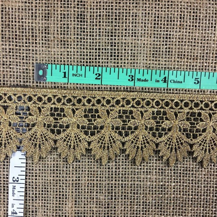Metallic Gold Lace Trim Embroidered on Black Ground Sheer Organza, 1.25" Wide. Multi-Use Garments Gowns Veils Bridal Costume Altar Decoration
