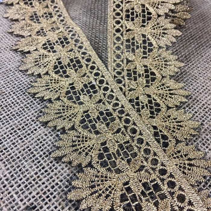 Metallic Gold Lace Trim Embroidered on Black Ground Sheer Organza, 1.25" Wide. Multi-Use Garments Gowns Veils Bridal Costume Altar Decoration