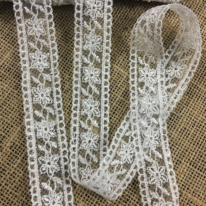 Lace Trim Mesh Embroidered Floral, Double Border Straight Edges 1.25" Wide, White, Multi-Use Garment Gown Veil Cape Bridal Communion Christening Baptism