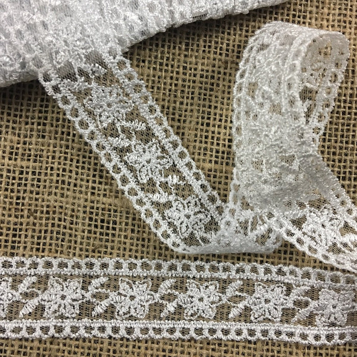 Lace Trim Mesh Embroidered Floral, Double Border Straight Edges 1.25" Wide, White, Garment Gown Veil Cape Bridal Communion Christening Baptism ⭐
