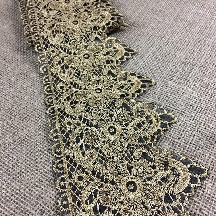 Metallic Gold Lace Trim Embroidered on Black Ground Sheer Organza, 4.25" Wide. Multi-Use Garments Gowns Veils Bridal Costume Altar Decoration