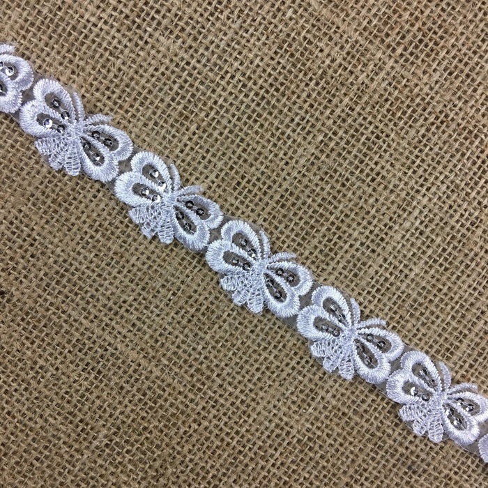 Butterfly Trim Lace Embroidered & Silver Sequins Double Border Organza Ground, 1" Wide, White, Multi-use Bridal Veil Communion Christening Baptism Dress Cape