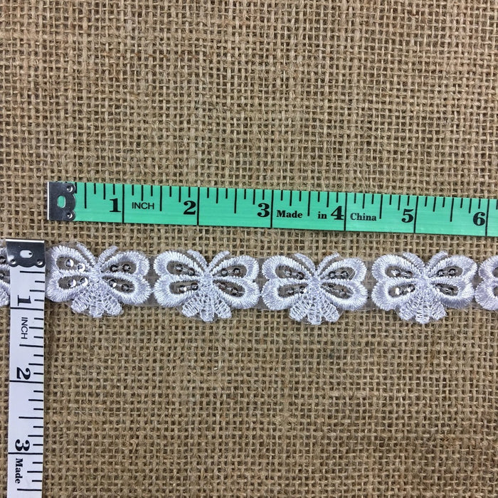 Butterfly Trim Lace Embroidered & Silver Sequins Double Border Organza Ground, 1" Wide, White, Multi-use Bridal Veil Communion Christening Baptism Dress Cape