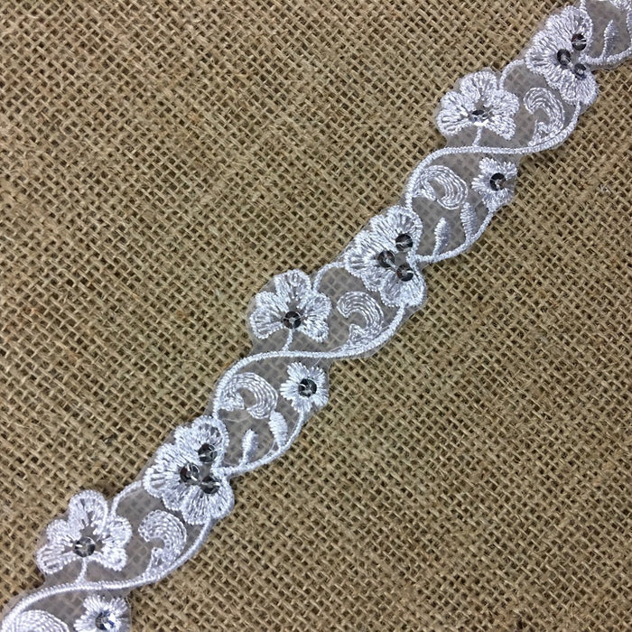Floral Trim Lace Embroidered & Silver Sequins Double Border Organza Ground, 1.25" Wide, White, Multi-use Bridal Veil Communion Christening Baptism Dress Cape
