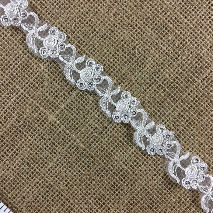 Trim Lace Embroidered & Silver Sequins Double Border Organza Ground, 1" Wide, Ivory, Bridal Veil Communion Christening Baptism Dress Cape ⭐