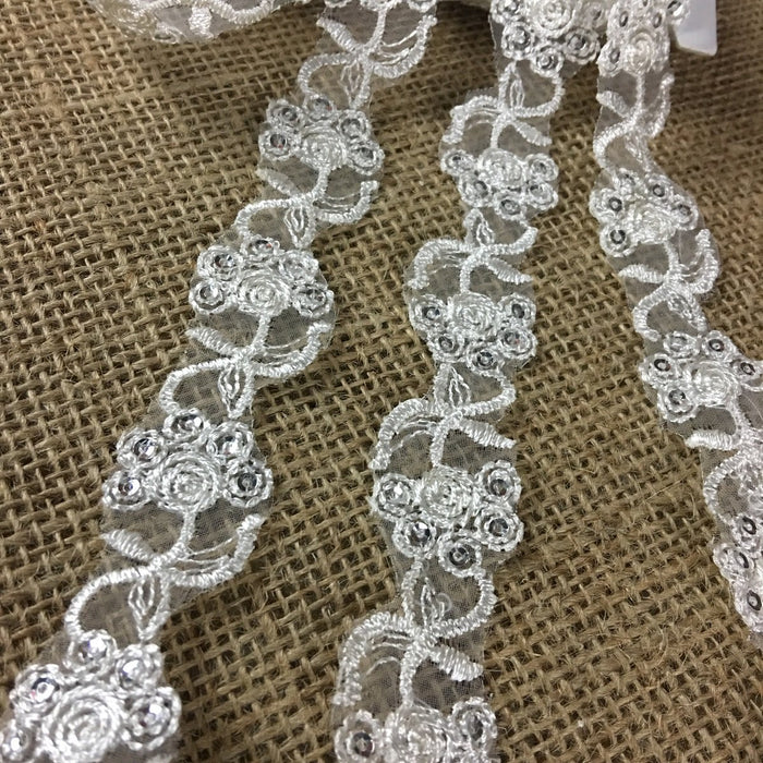 Trim Lace Embroidered & Silver Sequins Double Border Organza Ground, 1" Wide, Ivory, Multi-use Bridal Veil Communion Christening Baptism Dress Cape