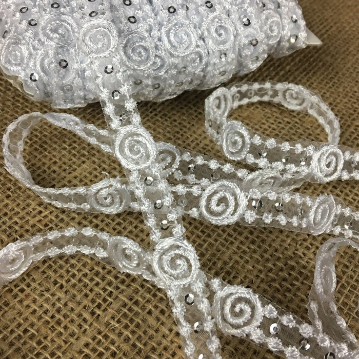 Trim Lace Embroidered & Silver Sequins dots Double Border Organza Ground, 0.5" Wide, White, Multi-use Bridal Veil Communion Christening Baptism Dress Cape