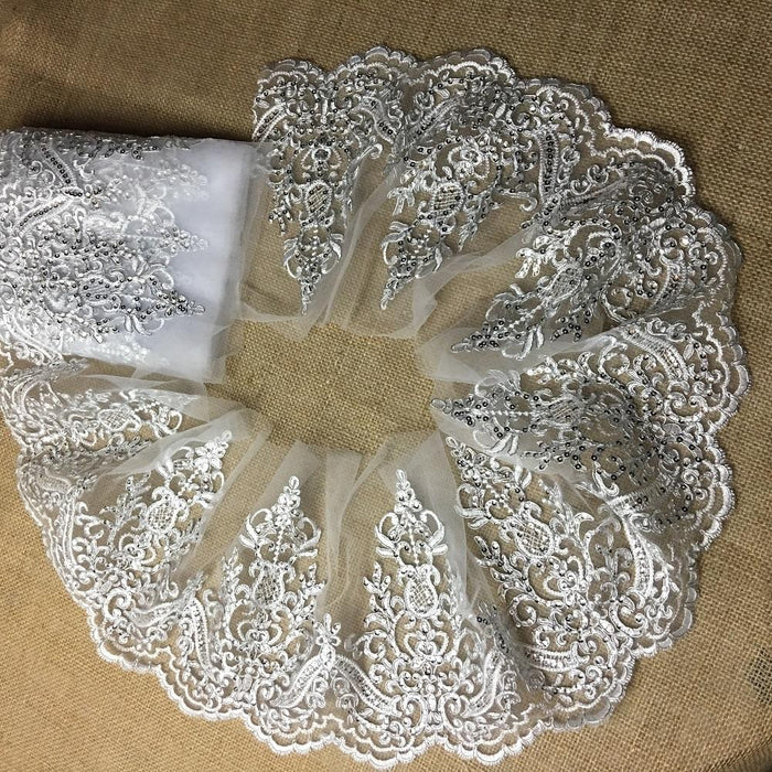 Trim Lace Embroidered & Silver Sequins Double Border Organza Ground, 1" Wide, White, Multi-use Bridal Veil Communion Christening Baptism Dress Cape