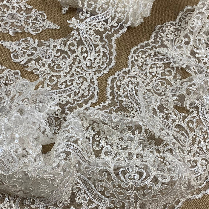 Bridal Veil Lace Trim Both Sides Cut Scalloped Alencon Embroidered Corded Sequined Mesh , 8" Wide Gorgeous Elegant for Veil Bridal Wedding Decoration Dresses