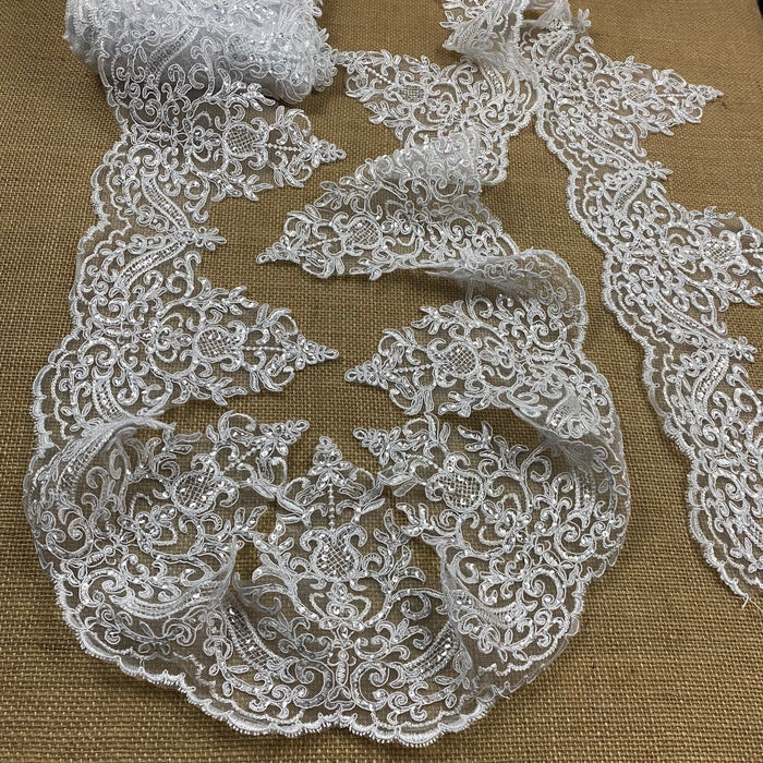 Bridal Veil Lace Trim Both Sides Cut Scalloped Alencon Embroidered Corded Sequined Mesh , 8" Wide Gorgeous Elegant for Veil Bridal Wedding Decoration Dresses