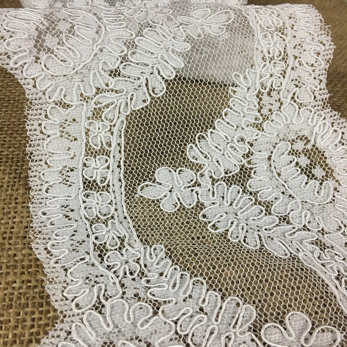 Bridal French Lace Trim Elegant Embroidered Corded, 5.5" Wide, White, use for Veil Bridal Wedding Decoration Dresses