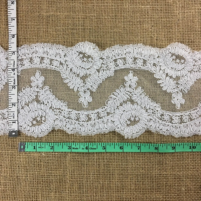 Bridal French Lace Trim Elegant Embroidered Corded, 5.5" Wide, White, use for Veil Bridal Wedding Decoration Dresses