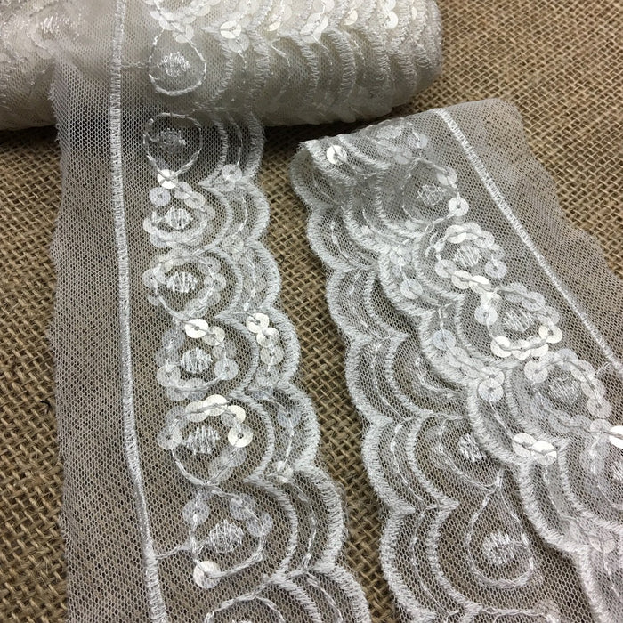Trim Lace Scallopes Embroidery & Clear Sequins on Soft Mesh, 2" Wide, Off White. Garments Sleeves Tops Decoration Theater & Dance Costume Slip Extender ⭐