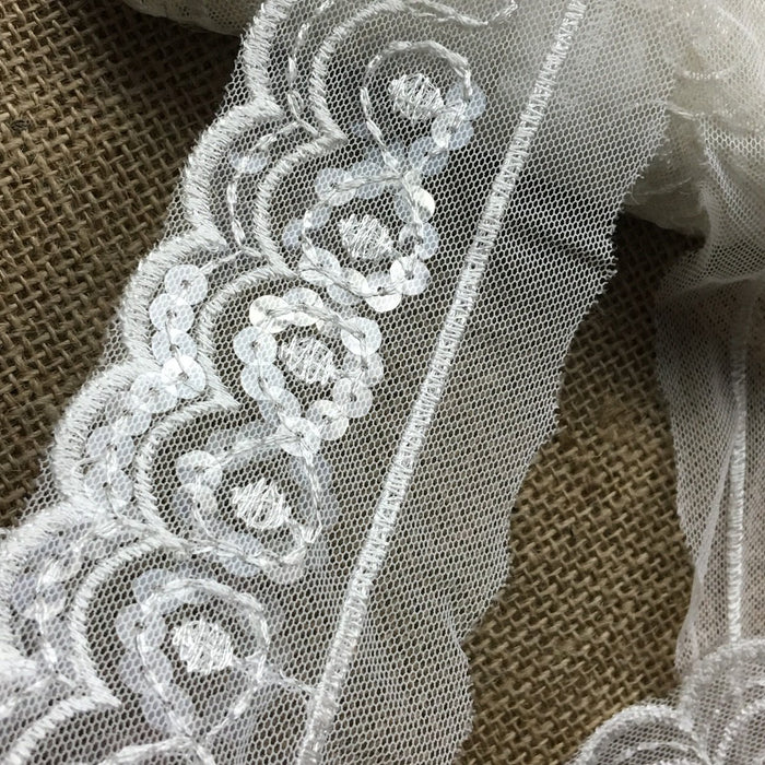 Trim Lace Scallopes Embroidery & Clear Sequins on Soft Mesh, 2" Wide, Off White. Multi-Use Garments Sleeves Tops Decoration Theater & Dance Costume Slip Extender