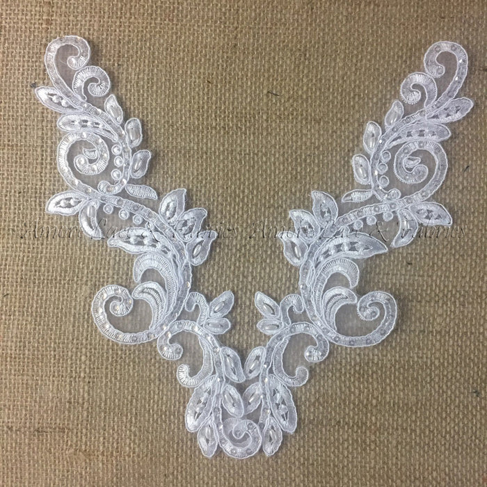 Bridal Applique Pair Lace Hand Beaded Corded Sequined Embroidered Sheer Organza, 10" Long, White, Multi-Use Communion Christening Garments Crafts