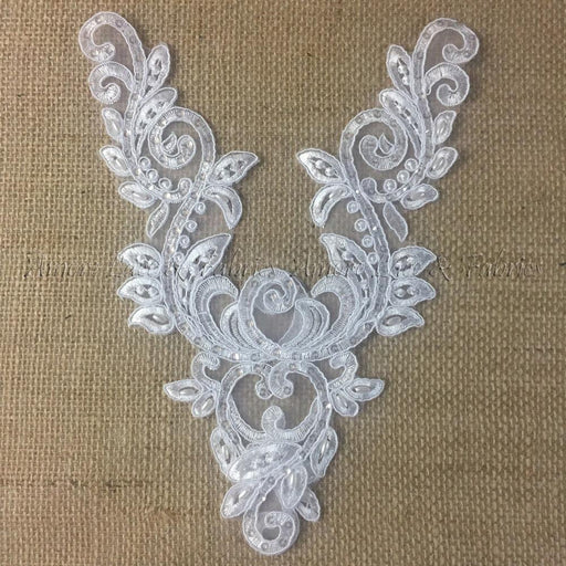 Bridal Applique Pair Lace Hand Beaded Corded Sequined Embroidered Sheer Organza, 10" Long, White, Multi-Use Communion Christening Garments Crafts