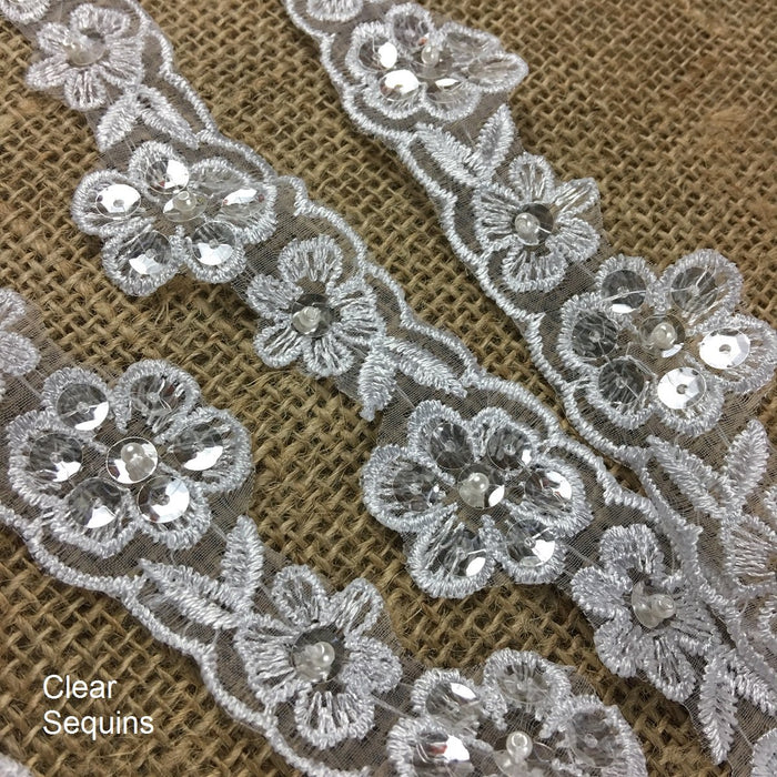 Trim Lace Embroidered + Choose Clear or Silver Sequins on White Organza Ground, 1.25" Wide, White, Multi-use Bridal Veil Communion Christening Baptism Dress Cape