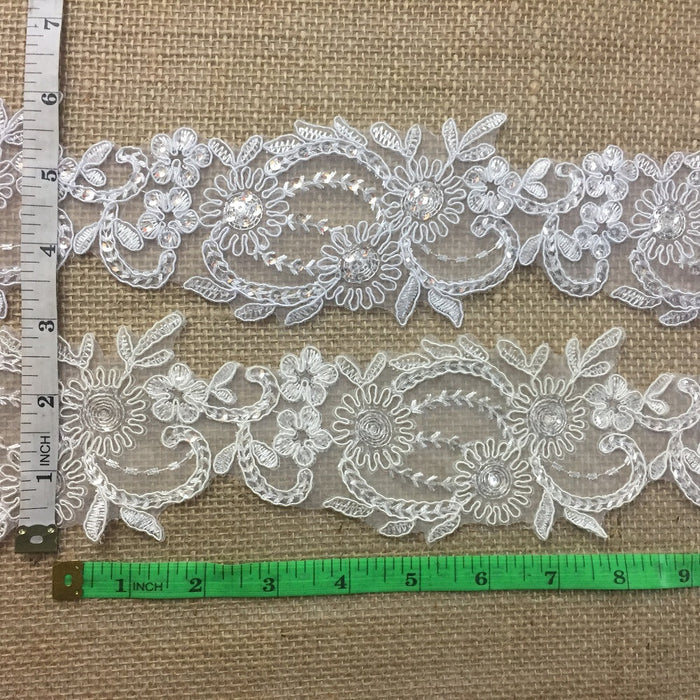 Bridal Lace Trim Alencon Embroidered Corded Sequined Organza Sash Belt, Beautiful Quality, 3" Wide, Choose Color. For Veils Wedding Costumes Crafts