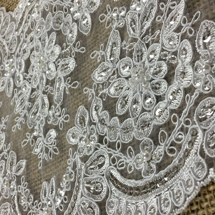 Bridal Lace Trim Alencon Embroidered Corded Sequined Mesh Ground, Beautiful Quality, 7.75" Wide, White. For Veils Wedding Costume Craft Decor