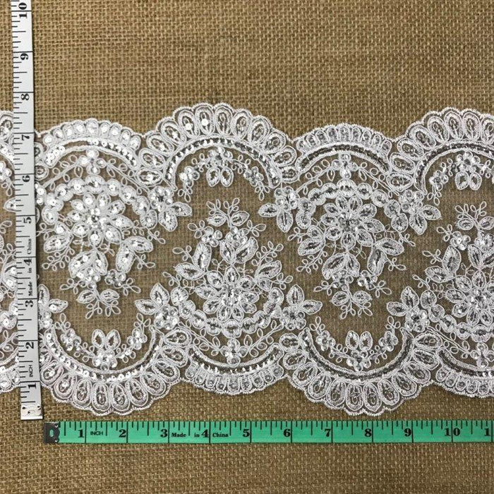Bridal Lace Trim Alencon Embroidered Corded Sequined Mesh Ground, Beautiful Quality, 7.75" Wide. For Veils Wedding Costume Craft Decor ⭐