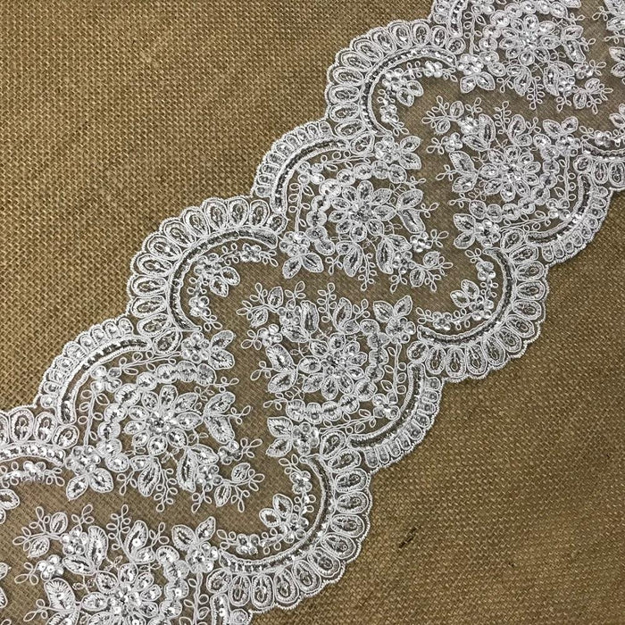Bridal Lace Trim Alencon Embroidered Corded Sequined Mesh Ground,7.75" Wide, Soft Off White. For Veils Wedding Runner Costume Craft Decor.  Beautiful Quality.