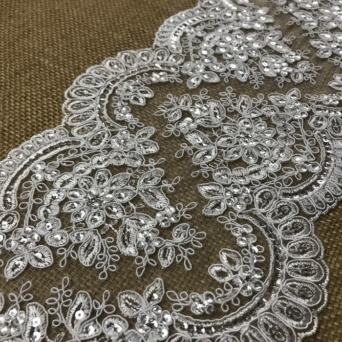 Bridal Lace Trim Alencon Embroidered Corded Sequined Mesh Ground,7.75" Wide, Soft Off White. For Veils Wedding Runner Costume Craft Decor.  Beautiful Quality.
