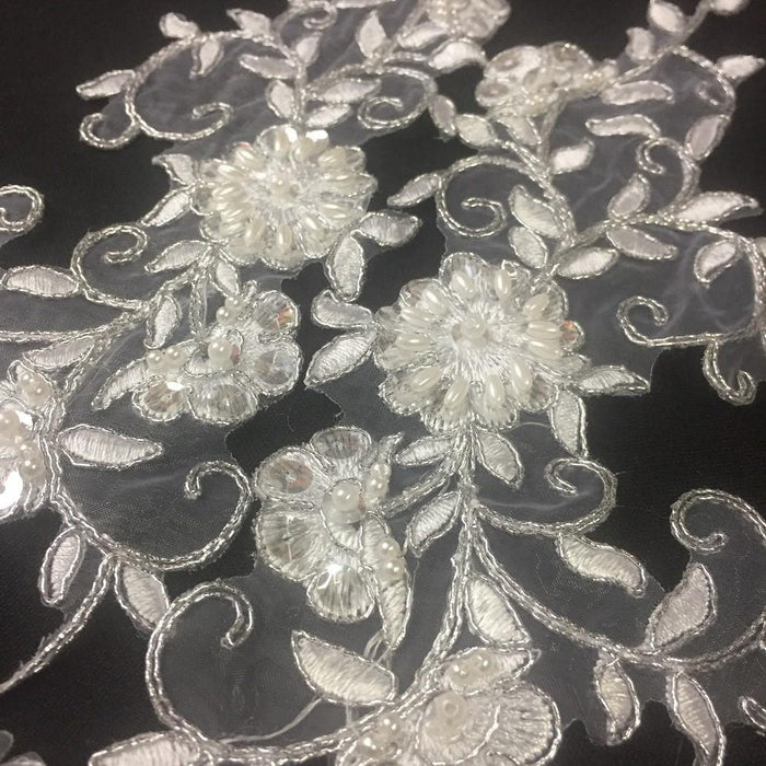 Bridal Applique Pair Hand Beaded Sequined Embroidered Sheer Organza, 10" Long, White with Silver Cording, Multi-Use Bridal Communion Christening