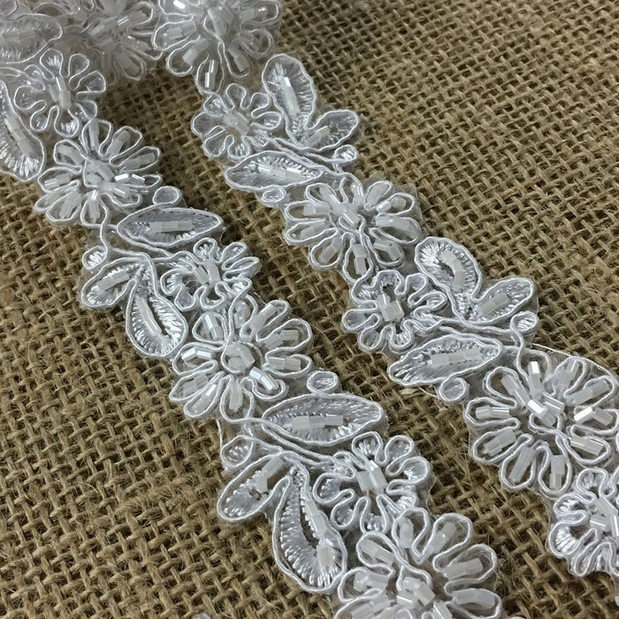 Bridal Lace Trim Alencon Embroidered Corded Sequined Organza Beautiful Floral, 1.25" Wide, Choose Color. Multi-Use Veils Wedding Costumes Craft